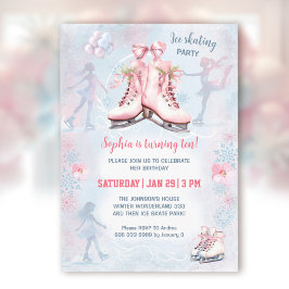 Ice Skating Party Winter Rosa Blue Girl Birthday Inbjudningar