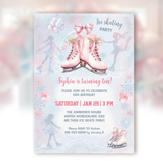 Ice Skating Party Winter Rosa Blue Girl Birthday Inbjudningar (Ice Skating Party Winter Pink Blue Girl Birthday Invitation)