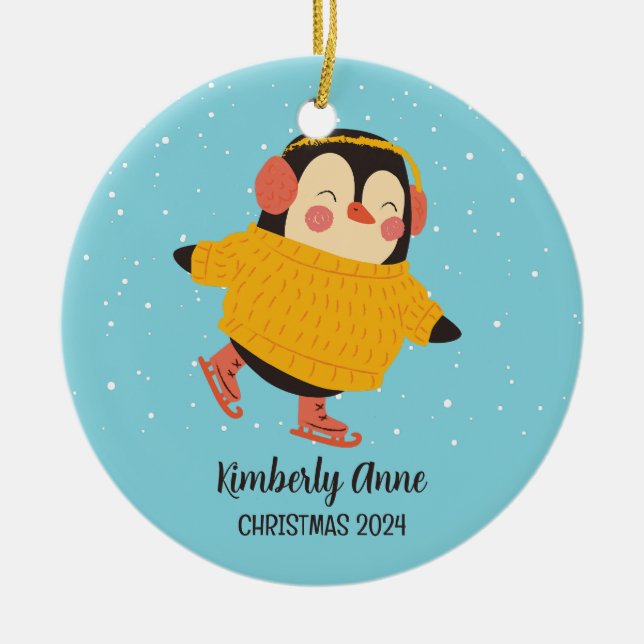 Ice Skating Penguin jul Snowy Winter Helgdag Julgransprydnad Keramik (Framsidan)