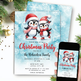 Ice Skating Penguins Blue Festive jul Party Inbjudningar