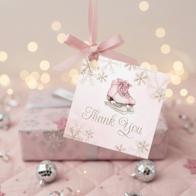 Ice Skating Pink Gold Snowflake Birthday Thank You Gåvor Etiketter (Skapare uppladdad)