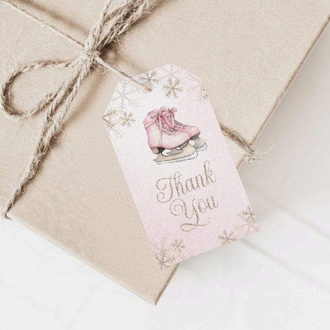Ice Skating Pink Gold Snowflake Birthday Thank You Presentetikett (Skapare uppladdad)