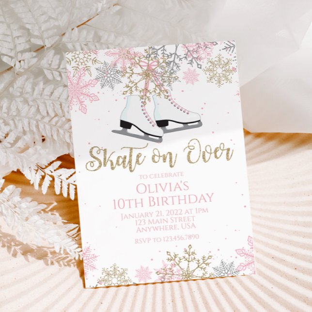 Ice Skating Rosa Guld Glitter Snöflingor födelseda Inbjudningar (Skapare uppladdad)
