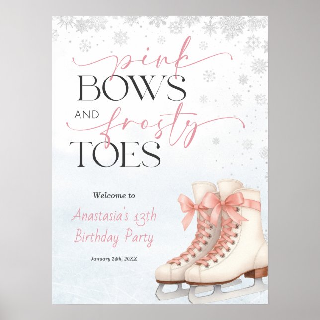 Ice Skating Teen Birthday Welcome Sign - Pink Bow Poster (Framsidan)