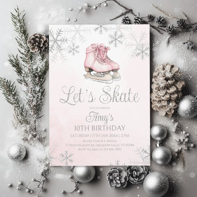 Ice Skating Winter Birthday Party Silver Glitter Inbjudningar (Skapare uppladdad)