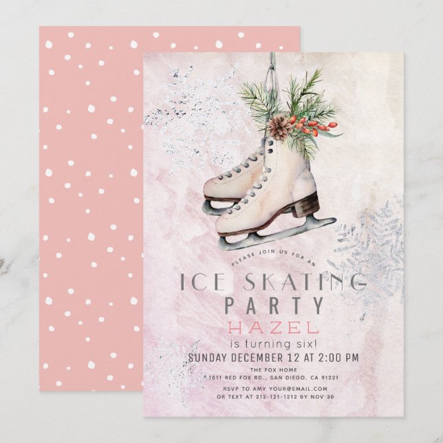 Ice Sking Party Rosa Birthday, fryst snöflingor Inbjudningar (Fram/baksida)