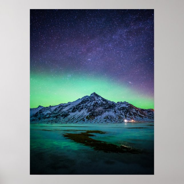 Ice & Snö | Aurora Borealis Island Milky Way Poster (Framsidan)