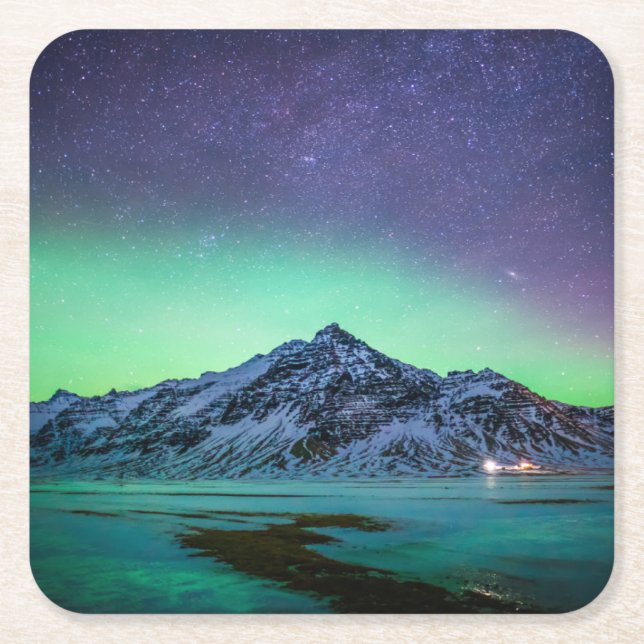 Ice & Snö | Aurora Borealis Island Milky Way Underlägg Papper Kvadrat (Framsidan)