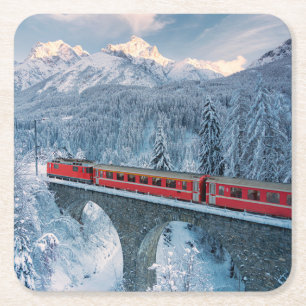 Ice & Snö   Red Bernina Express Tåg Schweiz Underlägg Papper Kvadrat