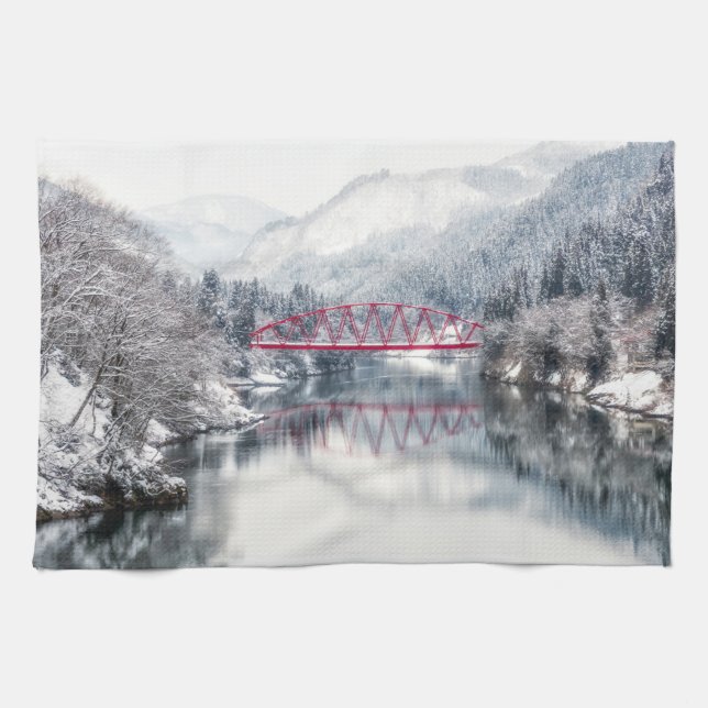 Ice & Snö | Red Bridge i Winter, Japan Kökshandduk (Horisontell)