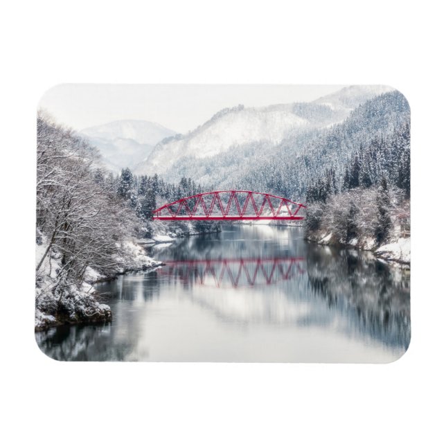 Ice & Snö | Red Bridge i Winter, Japan Magnet (Horisontell)