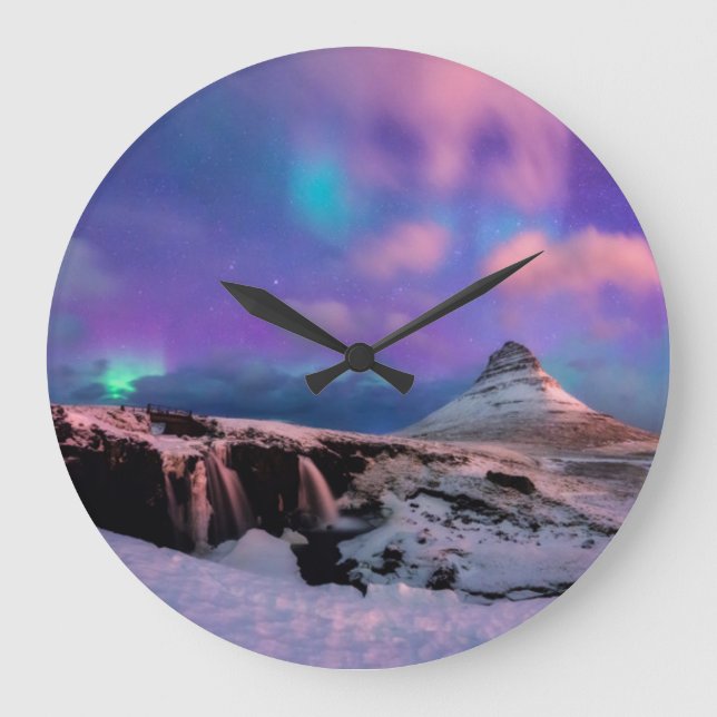Ice & Snow | Northern Lights,  Kirkjufell Mountain Stor Klocka (Framsida)