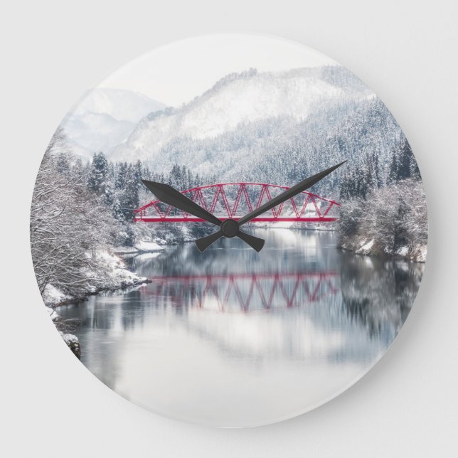 Ice & Snow | Red Bridge in Winter, Japan Stor Klocka (Framsida)