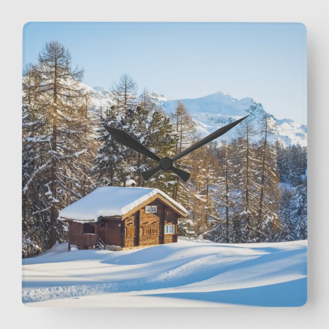 Ice & Snow | Winter Log Cabin Swiss Alps Fyrkantig Klocka (Framsida)