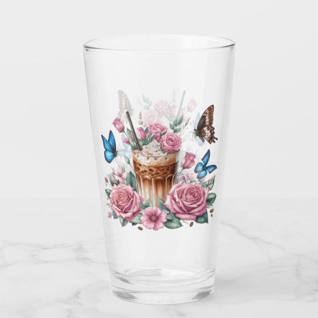 Iced Coffee & Butterfly Floral Art Glaskopp (Baksida)