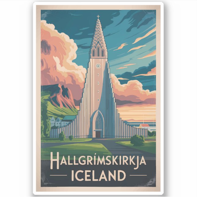 Iceland Hallgrimskirkja Illustration Travel Art Klistermärken (Framsida)