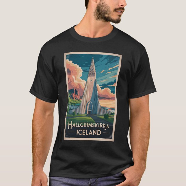 Iceland Hallgrimskirkja Illustration Travel Art T Shirt (Framsida)
