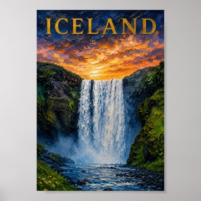 Iceland: Mystic Glow Waterfall Art Souvenir Poster (Framsidan)