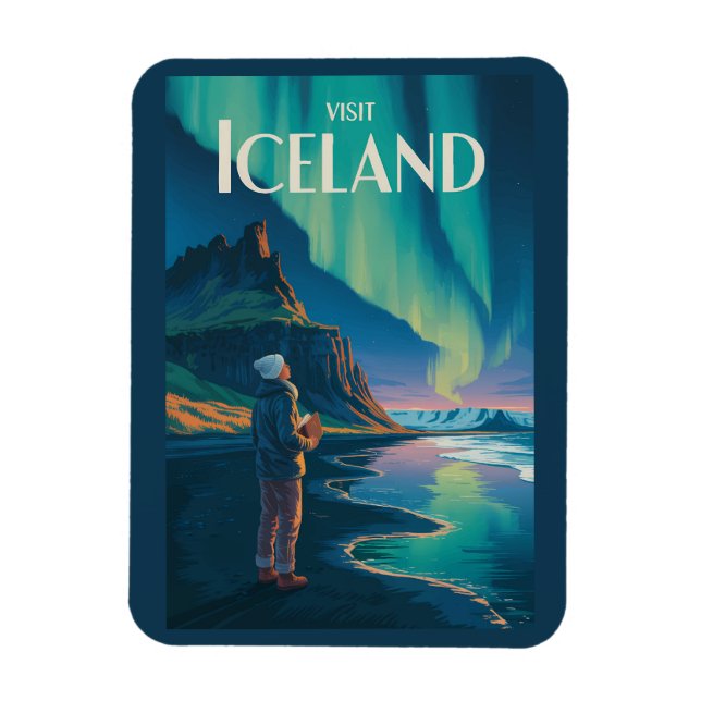 Iceland Northern Lights Illustration Travel Art Vi Magnet (Vertikal)