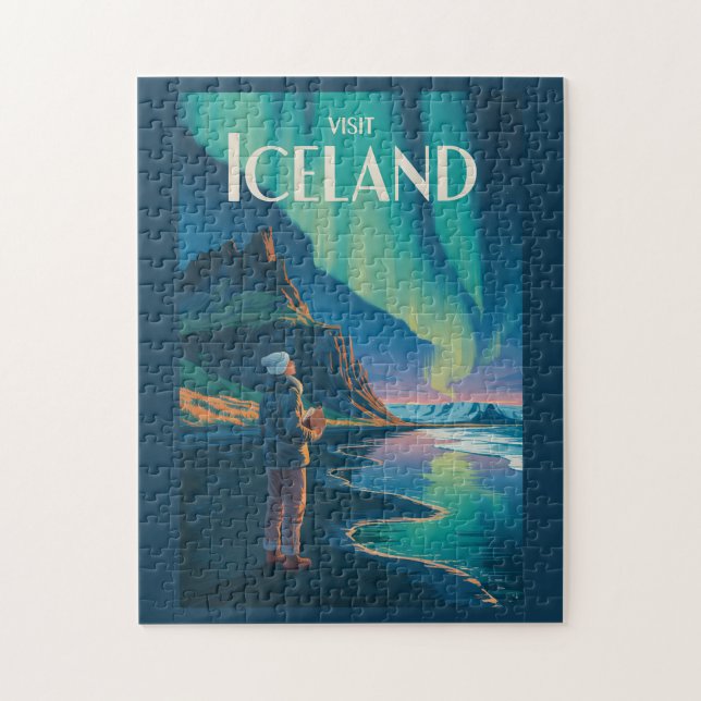 Iceland Northern Lights Illustration Travel Art Vi Pussel (Vertikal)