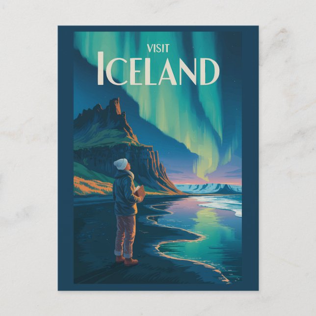 Iceland Northern Lights Illustration Travel Art Vi Vykort (Framsida)