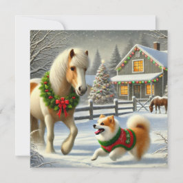 Icelandic Horse and Dog Christmas Card Julkort