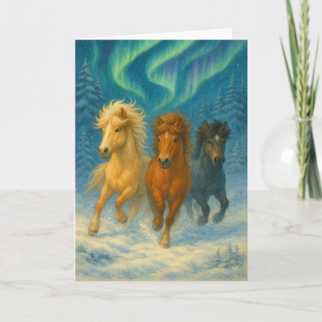 Icelandic Horses Northern Lights Holiday Card Helgkort (Framsida)