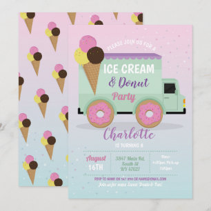 Ices Cream Donut Party Birthday Girls Doughnut Inbjudningar