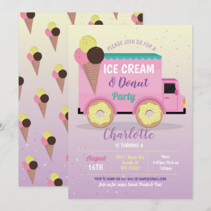 Ices Cream Donut Party Birthday Rosa Doughnut Inbjudningar