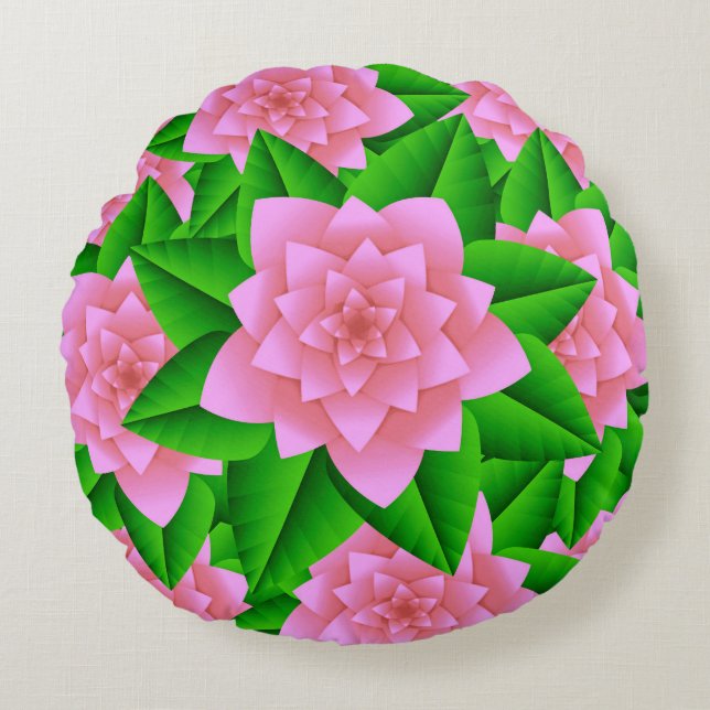 Ices Rosa Camellias och Grönt Löv Rund Kudde (Framsidan)