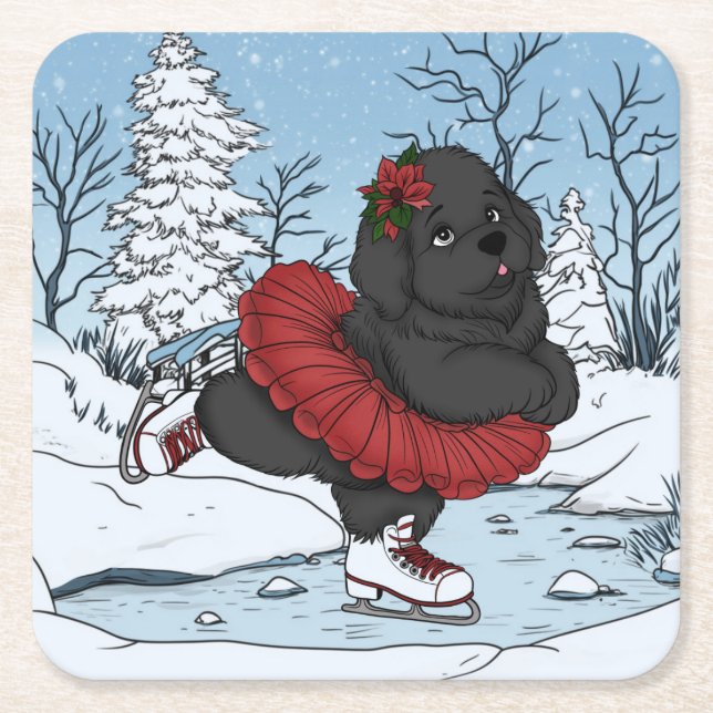 Iceskating Newfoundland Puppy Winter Wonderland Underlägg Papper Kvadrat (Framsidan)