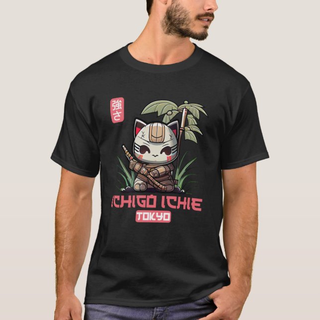 Ichigo Ichie Chibi Kitten Samurai med Cherry Blos T Shirt (Framsida)