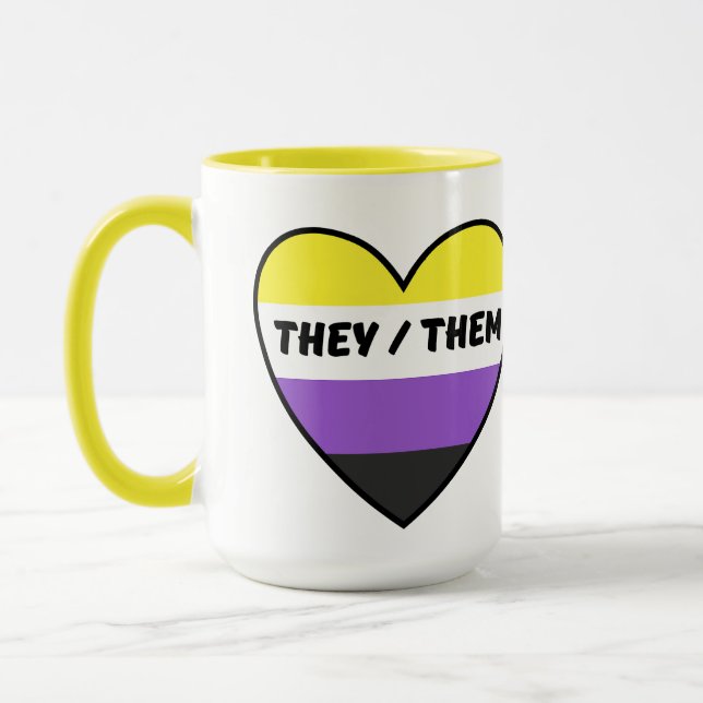 Icke- binär hjärt- Flagga med de/ dem pronouns Mugg (Vänster)
