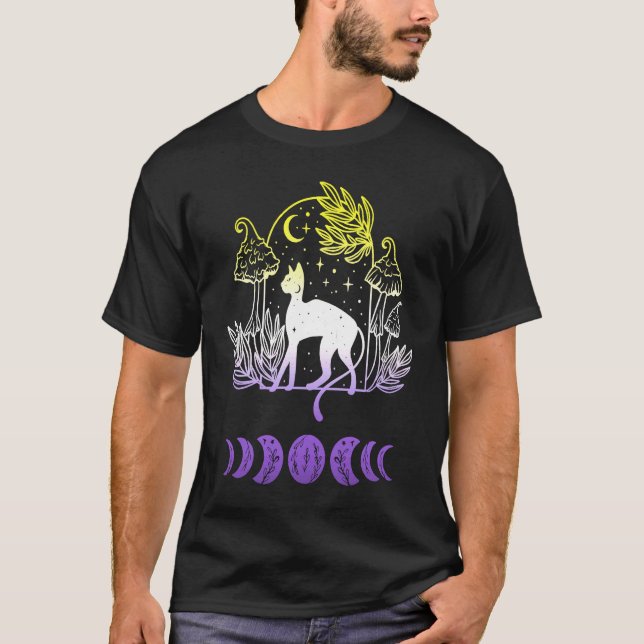 Icke-binär Pride HBTQ Diskret Katt Månfas Svamp T Shirt (Framsida)