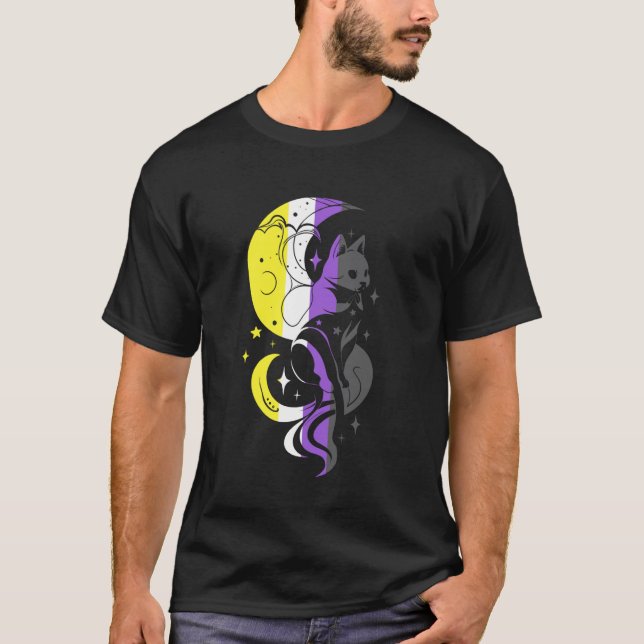 Icke-binär Pride Katt Måne Stjärnor HBTQ Häxstil T Shirt (Framsida)