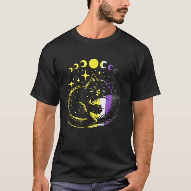 Icke-binär stolthet Sovande katt Måne Stjärnor HBT T Shirt (Framsida)