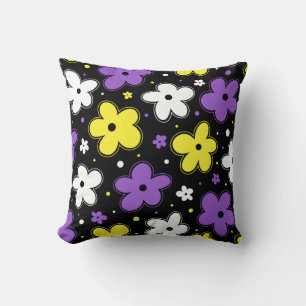 Icke-binärt Pride Flagga Flowers Doodle Gult Lila Kudde