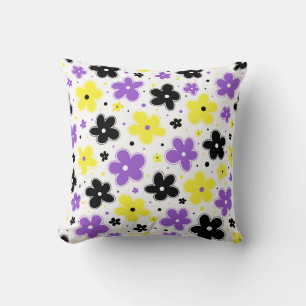 Icke-binärt Pride Flagga Flowers Doodle Gult Lila Kudde