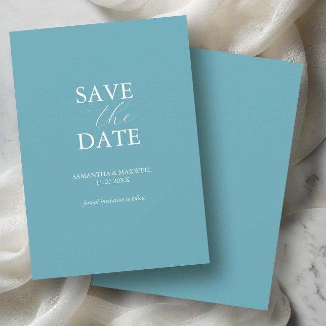 Icke Foto Blå Minimal Spara Datumen Datumet (non photo save the dates turquoise blue with white typography minimalist design Victoria Grigaliunas)