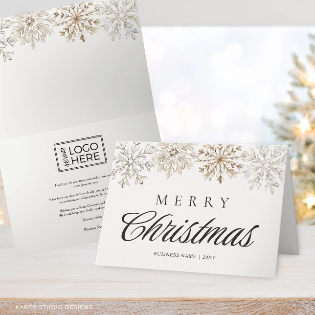 Icke-Foto God Jul Företag Helgkort (Front and inside of folded Business Christmas Card shown in 5x7 in. Customize with logo + greeting.)