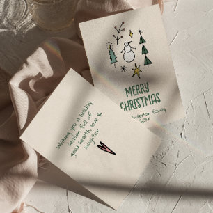 Icke-foto i hand plockade Grönt Snögubbe Julgranar Julkort