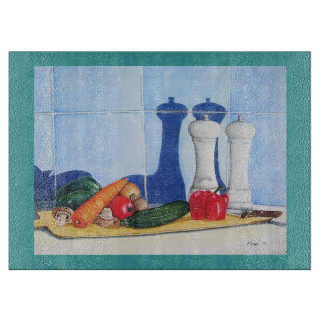 Icke levande målargrönsaker på huggbord (Framsidan)