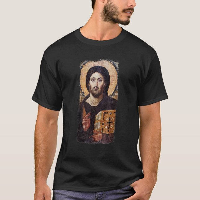 Icon Jesus Kristus Pantocrator Mount Sinai T Shirt (Framsida)