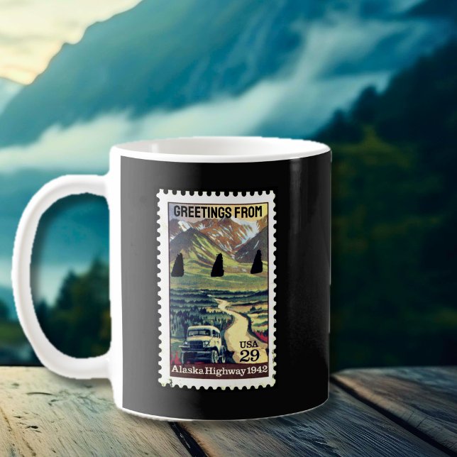 Iconic Alaska Highway Retro Frimärke Coffee Mugg (Iconic Alaska Highway Retro Stamp Coffee Mug)