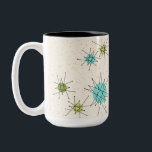 Iconic atom- Starbursts Två-Tonar muggen Två-Tonad Mugg<br><div class="desc">Denna Iconic atom- Starbursts Två-Tonar iconic atom- starbursts för muggmönstersärdrag. Det är höger! Old school, lagar mat med grädde kulör bakgrund med guld- stänk är den perfekta bakgrunden för den vibrerande turkosen, rogivande selleri, och den kitschy peargröntfärgaden cirklar. Fläckarna av färg förläggas sporadically i olikt storleksanpassar med att överdra formad...</div>