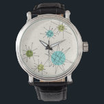 Iconic Atomic Starbursts Leather Watch Armbandsur<br><div class="desc">Denna Ikoniska atomstjärnor ger läderbevakningen mönster en ikonisk atomstjärnor. Det är höger! Bakgrunden till färgaden av old school, kräm med guld-spekkler är bakgrunden till perfekten för den pulserande turkosen, soothing celery och kitschy pear grönt färgad circles. Sportarna i färg placeras sporadiskt i olika storlekar med överliggande V-formad linjer som är...</div>