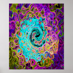 Icy Aqua Blå Groovy Abstrakt Retro Flytande Virvel Poster