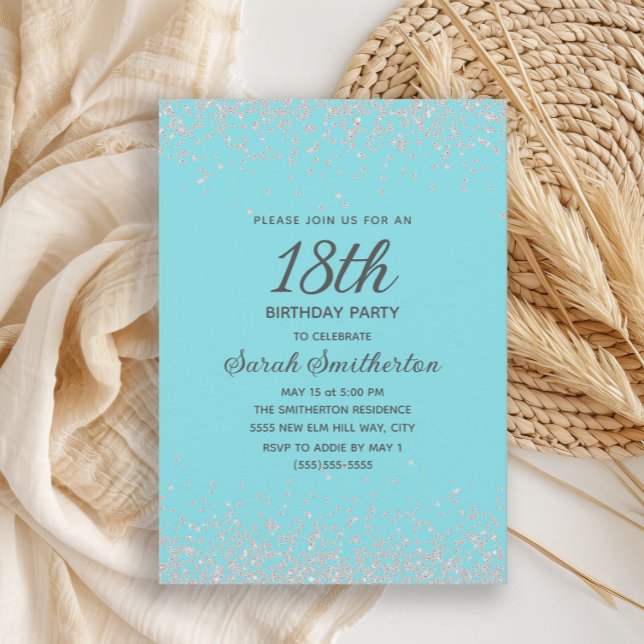 Icy Aqua Blå Silver Diamant Glitter 18-årsfirande Inbjudningar (Elegant icy aqua blue and silver glitter women's 18th birthday party invitation)
