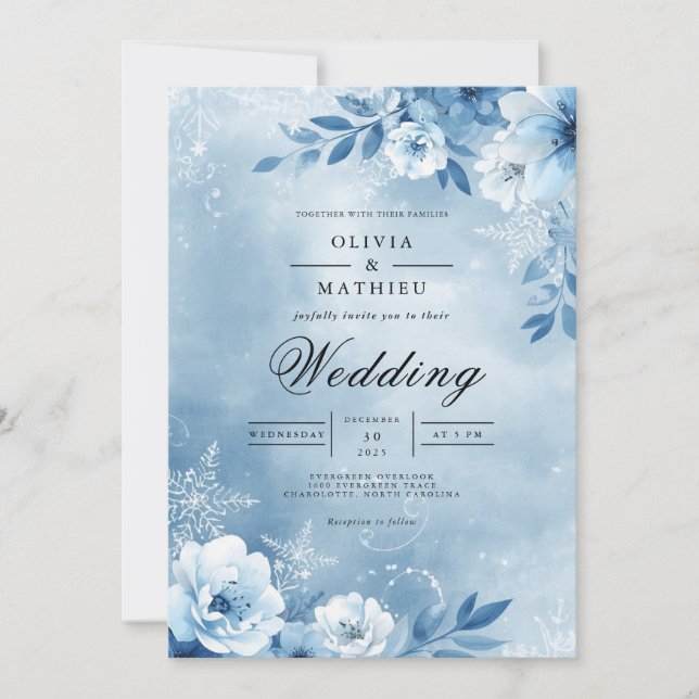 Icy Blue Bloom Enchantment Wedding Inbjudningar (Framsida)