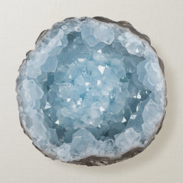 Icy Blue Celestite Crystal Geode Printed Gemstone Rund Kudde